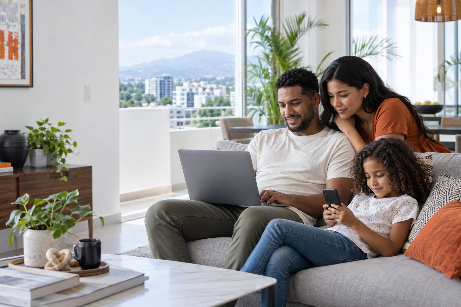 Familia conectada al internet por fibra óptica de ZOTEL